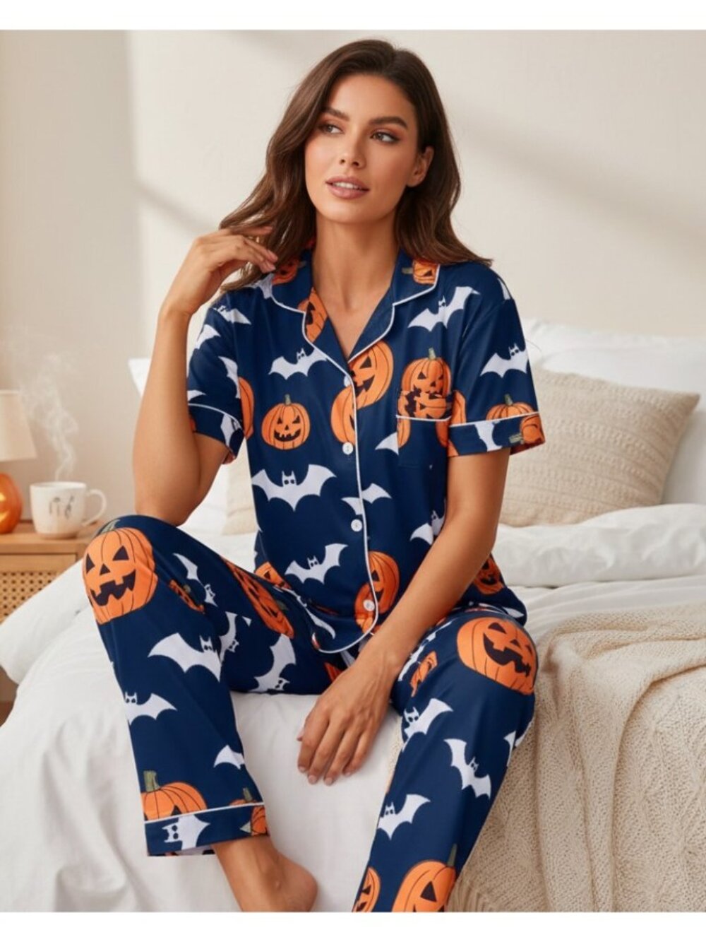 Spooky Pumpkin Bat Button-Down Short Sleeve Halloween Pajama Pant Loungewear Set